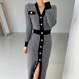 Christmas Gift One Piece Dress Korean Chic Temperament V-neck Bird Design Slim Single Breasted Long Sleeve Knitted Dress Women