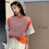Christmas Gift Sweater Vest Women O-Neck Patchwork New All-match Autumn Fashion Loose Korean Style Sweet Student Knitted Wear Ladies Clothing