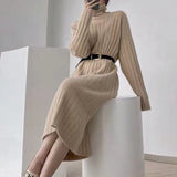 Kukombo Christmas Gift Women Autumn Winter Turtleneck Casual Midi Knitted Dress Long Sleeve Loose Elegant Sweater Vestidos Femme Fashion Outerwear Robe