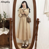Kukombo Long Sleeve Dress Women Vestido Feminino Clothing Vintage Button Korean Style Mid-Calf  Spring Patchwork Elastic Waist Retro Ins