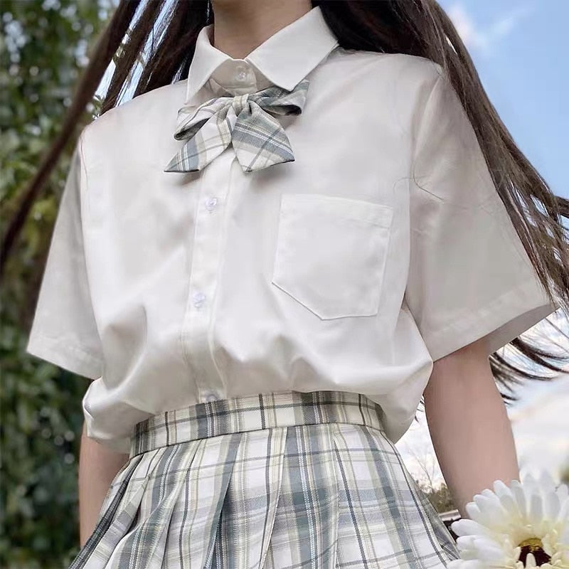 Kukombo Women White Blouses Short Sleeve White Shirt Summer Tops Lapel Solid JK Shirts Korean Casual Female Blusas Preppy Style