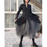 Kukombo Back to college outfits Gothic Gray Tulle Long Irregular Pleated Skirts Elastic High Waist A-Line Mesh Midi Skirts Vintage Punk Streetwear Streetwear