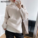 Christmas Gift BGTEEVER Autumn Winter Zipper Turtleneck Sweaters Women Casual Thick Long Pullover Jumpers Female Loose Knitting Tops 2021