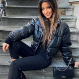 Christmas Gift Winter Thick Warm Short Parkas Women Fashion Black PU Leather Coats Ladies Elegant Zipper Cotton Jackets Female Ouwear