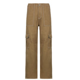 Kukombo Vintage Khaki Wide Leg Cargo Jeans High Waist Big Pockets Baggy Denim Trousers Casual Oversized Pants Street Sweatpants