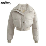 Christmas Gift Aproms Elegant Solid Color Cropped Puffer Jackets Women Winter Cotton Padded Soft Warm Coats Female High Fashion Outerwear 2021