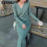 Christmas Gift pure color  2021 thick dress warm autumn winter maix sweater dress women bodycon v-neck Drawstring long dress female dress