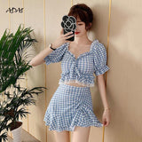 Kukombo Women's Swimwear 2022 Summer Suit 2 Piece Swimsuit with Skirt Ruffles Plaid Print High Waisted Bikini Set Bathing Suit Beachwear