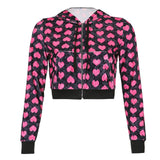 Cute Y2K Pink Velet Hoodies Long Sleeve Cropped Kawaii Pink Heart  90s Women's Vintage Sweatshirts Svitushot Zip Up Top 2021