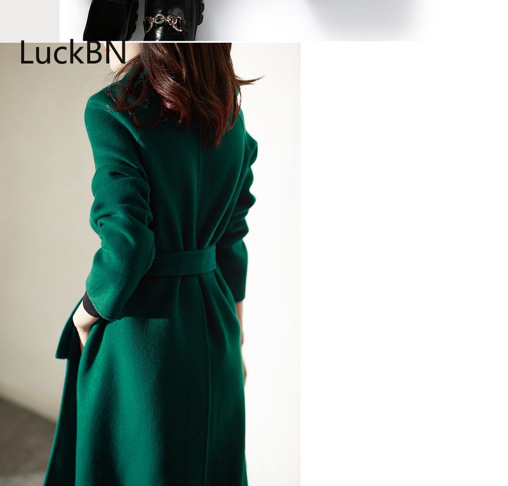 With Lining Winter Overcoat for Women Long Wool Blends New High-end Oversize Jacket Long-sleeve Green Woolen Coat Ladies Clothes