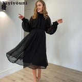 Christmas Gift Yiyiyouni Casual Sashes Dot Print Chiffon Dress Women Loose Waist Long Sleeve A Line Dress Women White Midi Vestidos Summer 2021