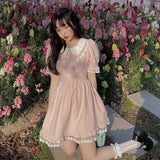 Kukombo  2022 Summer Lolita Kawaii Dress Women Japanese Vintage Bow Pink Dress Cute Pretty Princess Bubble Sleeve Lace Dress