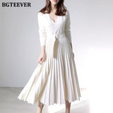 Christmas Gift BGTEEVER Elegant V-neck Thick Warm Women Knitted Pleated Dress Long Sleeve Belted Sashes Ladies Sweater Dress 2021 Autumn Winter