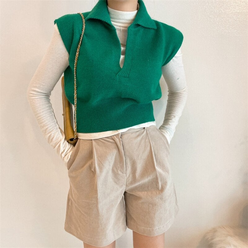 Christmas Gift 2022 New Spring Autumn Women Sweaters Pullovers Striped Sleeveless Knitted POLO Collar Wild Short Vests SWV3092JX