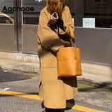 Christmas Gift Women Elegant Solid Long Wool Coat With Belt Chic Batwing Long Sleeve Pockets Loose Coat Female Autumn Winter Outerwear
