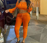 Kukombo Women Slash Neck Crop Top and Drawstring Long Pants Set Casual Two Piece Tracksuits