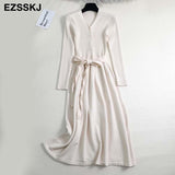 Christmas Gift 2021autumn winter v-neck maxi sweater dress women OL female long sweater dress with belt elegant a-line solid slim dress