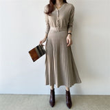 Kukombo New 2022 Spring Women Dress Long Casual Korean Style Single Breasted Pleated V-neck Lace Up knitted Dress DR7248