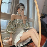 Kukombo  JuneLove Fashion Women Blouse Lady Loose Off Shoulder Floral Printed Tops Casual Short Sleeve Shirt Blouse Summer Set Wear Suits