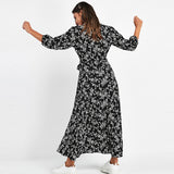 Christmas Gift Vintage Floral Print Maxi Dress Women Boho Three Quarter Sleeve Long Dress Turn Down Collar Casual Shirt Dresses Robe