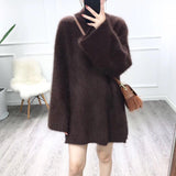 Kukombo Autumn Winter Long Turtleneck Sweater Women Loose Lazy Oaf Flare Sleeve Fluffy Synthetic Mink Cashmere Sweater Knitted Jumpers