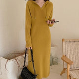 Kukombo New 2022 Autumn Winter Women Dresses V-Neck Hooded Korean Knitting Oversize Elegant Vintage Lady Long Dresses DR6022
