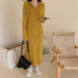 Kukombo New 2022 Autumn Winter Women Dresses V-Neck Hooded Korean Knitting Oversize Elegant Vintage Lady Long Dresses DR6022