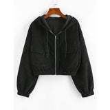 Christmas Gift Black Zipper Corduroy Drop Shoulder Pocket Hooded Jacket Streetwear Women Fall Winter Crop Top Long Sleeve Coats 2021