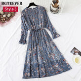 Christmas Gift BGTEEVER Spring Stand Collar Floral Print Women Dress Lace Up Female Pleated Dress Summer Party Midi Chiffon Vestidos femme 2021