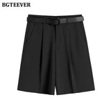 Christmas Gift BGTEEVER Fashion High Waist Women Shorts Casual Half- length Sashes Belted Women Loose Shorts Pockets 2021 Spring Summer