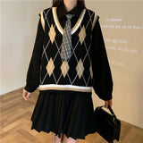 Kukombo Preppy Style Autumn Dress Sets Women New Argyle V-Neck Knitted Vest + Long Sleeve Tie Dress Female Korean Loose One-Piece Suits