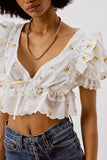 Kukombo Women Sweet Fashion Floral Embroidery Ruffled Blouses Vintage V Neck Short Sleeve Female Shirts Blusas Chic Tops