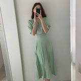 Kukombo High Quality New Women Summer Clothes Elegant V-Neck Slim Office Lady Casual A-Line Bandge Pleated Dress Vestidos