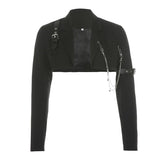 Kukombo Streetwear Punk Chain Black Woman Jacket Buckle Fashion Cardigan Cropped Coat Autumn Winter Jackets Outerwear Short