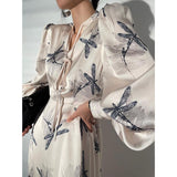 Kukombo  Early Autumn Women's Floral Print Satin Dress Deep V Long Sleeve Single Breasted High Waist Back Hollow Out Lady Loose Robe