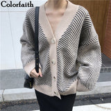 Christmas Gift 2021 Women's Knitwear Winter Spring Striped V-Neck Cardigans Buttons Oversize Korean Style Lady Sweaters Tops SWC3033