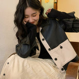 Kukombo Autumn Korean Fashion Leather Jackets Women Patchwork Loose Casual Short Coat Female High Street Winter Warm Jacket Ladies 2022