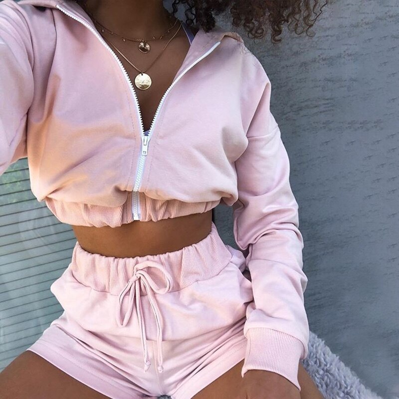 Kukombo Spring Summer Tracksuit Women 2 Pieces Set Hooded Long Sleeve Hoodies And Shorts Female Casual Suit 2021 New Sportwear Outfits