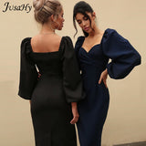 Christmas Gift JusaHy Elegant Pure Color Latern Sleeves Bodycon Dress for Women Party Clubwear Formal Midi dresses Mujer Casual Streetwear Hot