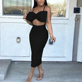 Kukombo Two Piece Elegant Dress Suits Spaghetti Strap Crop Top & Bodycon Midi Skirt Set