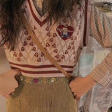 Kukombo Love Printed Y2k Sweater Vest Women Autumn New Vintage V-Neck Sweaters Tops Korean Fashion Cropped Knitted Vest Female