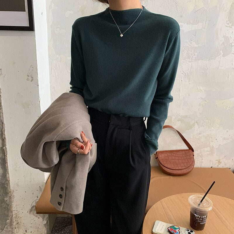 Christmas Gift Turtleneck Knitted Sweater Woman Korean Long-sleeved Loose Solid Sweater Women Simple Slim Base Pullover Women's Sweater 2021