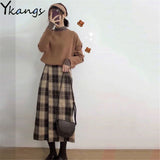 Vintage Autumn 3pcs Sets Knitted Pullover Sweater+Stretch High Neck Bottoming Shirt+Plaid High Waist Long Skirt Women 2021 Suit
