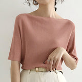 Kukombo New 2022 Women Summer T-Shirts Solid Multi 6 Colors Bottoming Casual Slash Neck Knitting Elasticity Wild Tops T1608