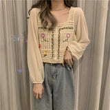 Kukombo Blouse Women Print Casual Simple Hollow Out Teens Square Collar Daily Vintage Harajuku Crop Chic Comfortable College Loose New