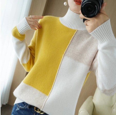 Kukombo New Cashmere Sweater Women's High-Neck Color Matching Pure Wool Pullover Fashion Plus Size Warm Knitted Bottoming Shirt