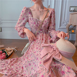 Kukombo  Elegant Vintage Floral Print Chiffon Long Dress Women Buttons Slim Waist Vacation Boho Beach Dress Robe Longue Vestidos