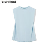 Christmas Gift Yiyiyouni Padded Shoulder Sleeveless T-shirt Women Summer Casual Solid Tee Shirt Women O-neck Loose Cotton Korean Tops Female