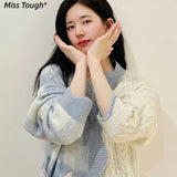 Kukombo  Autumn Plaid Kawaii Knited Sweater Cardigan Women Korean Parchwork Knitting Sweater Coat Female Designer Winter Clothes 2022 New