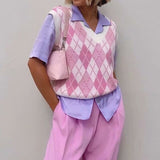 Kukombo Christmas Gift HEYounGIRL Sleeveless V Neck Vintage Argyle Sweater Vest Casual Loose Pink Knit Crop Top Pullovers Preppy Style Autumn Fashion